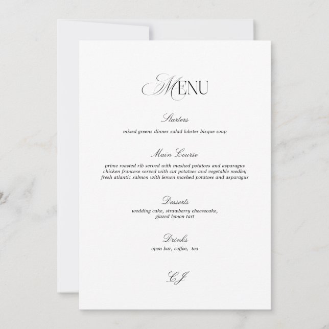 Convites Old Money Black and White Wedding Menu Card (Frente)