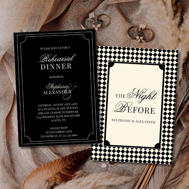 Convites Old Money Black Ivory Checkered Rehearsal Dinner  (Criador carregado)