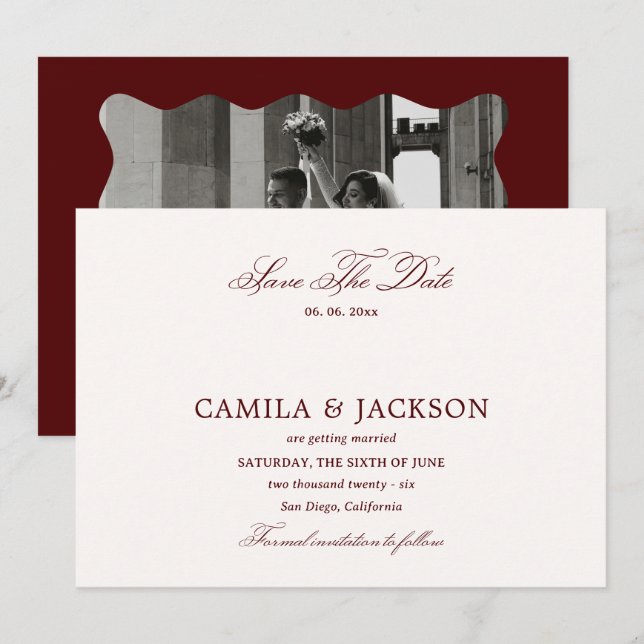 Convites Old Money Burgundy Wedding Save the Date (Frente/Verso)
