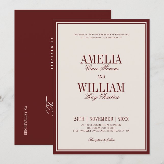 Convites Old Money Classic Luxury Burgundy Wedding (Frente/Verso)