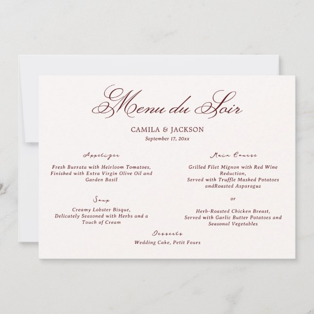 Convites Old Money Ivory & Burgundy Wedding Menu Card (Frente)