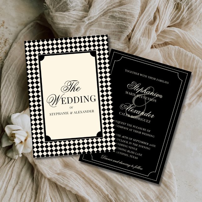 Convites Old Money Luxury Black & Ivory Checkered Wedding (Criador carregado)