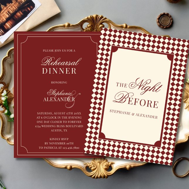 Convites Old Money Red & Ivory Checkered Rehearsal Dinner  (Criador carregado)