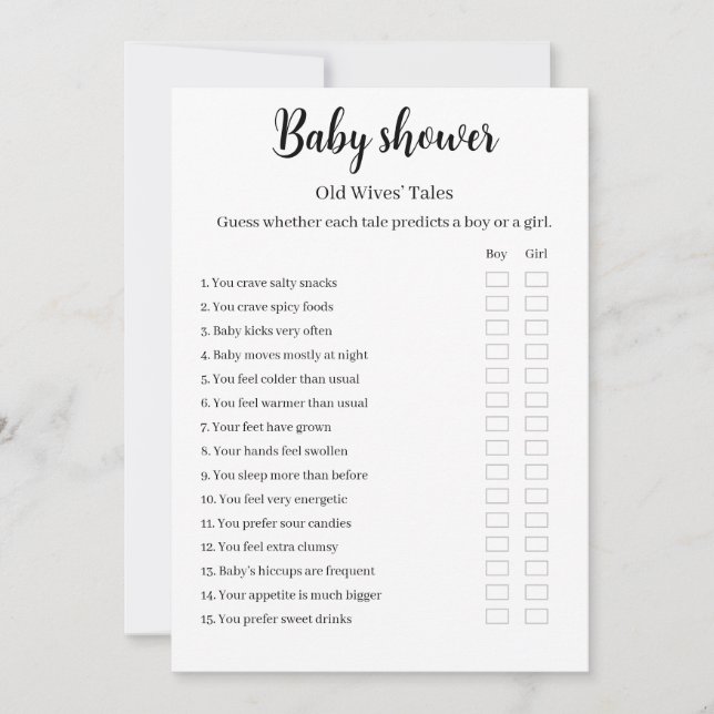 Convites Old Wives Tales Baby Shower Game, (Frente)