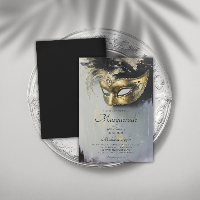 Convites Óleo de Máscara Dourada mascarada preto Art 50º An (masquerade 50th birthday party invitation glamorous gold black venetian mask elegant modern)