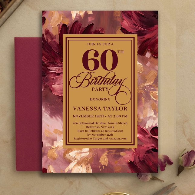 Convites Olhar Floral Moderno Boho Merlot Blush de 60 Anos  (Modern Merlot Blush Floral Look 60th Birthday Invitation

)