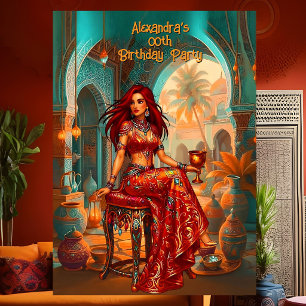 Convites Olhar marroquino laranja dourado teal de aniversár
