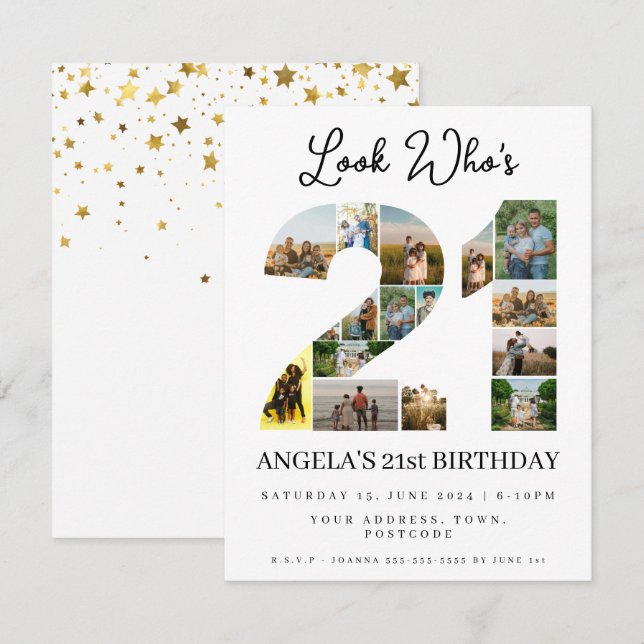 Convites olhe quem faz 21 Aniversário Colagem de fotos sina (Frente/Verso)