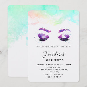 Convites Olhos Roxos Glamourosos & Brows Aquarela Aniversár