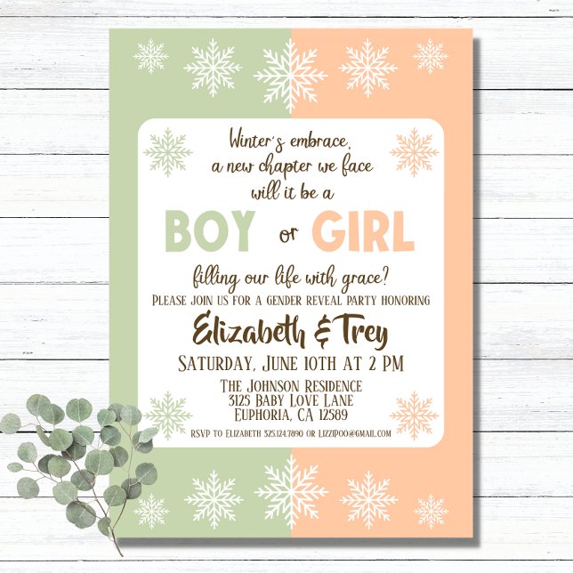Convites Oliva e Pêssego Flocos de Neve de inverno Revelaçã (Forget the traditional pink and blue with this sage green and peach winter gender reveal invitation.)