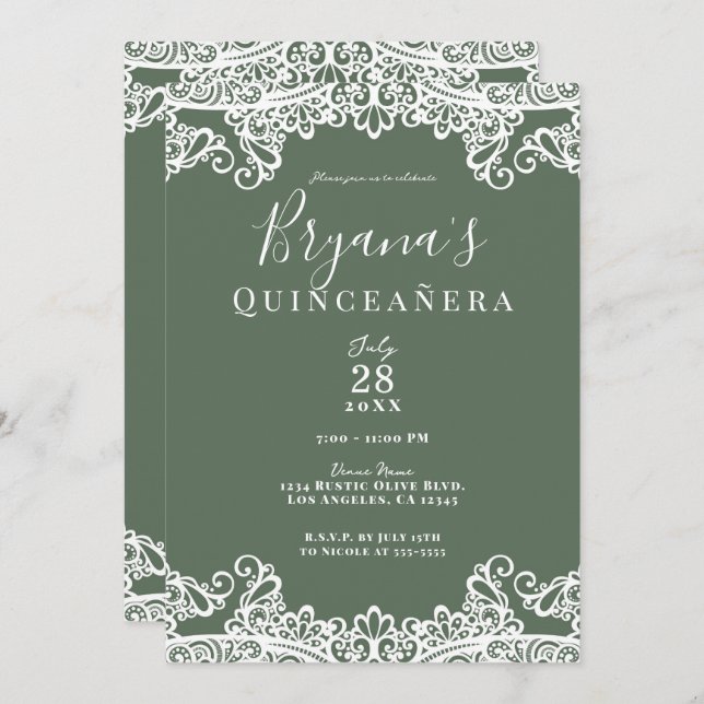 Convites Oliva Russa e Colar Branco Elegante Quinceañera (Frente/Verso)