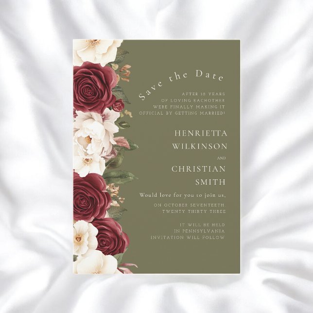 Convites Oliva Verde Floral Salvar a Data das Rosas Borgonh (Criador carregado)