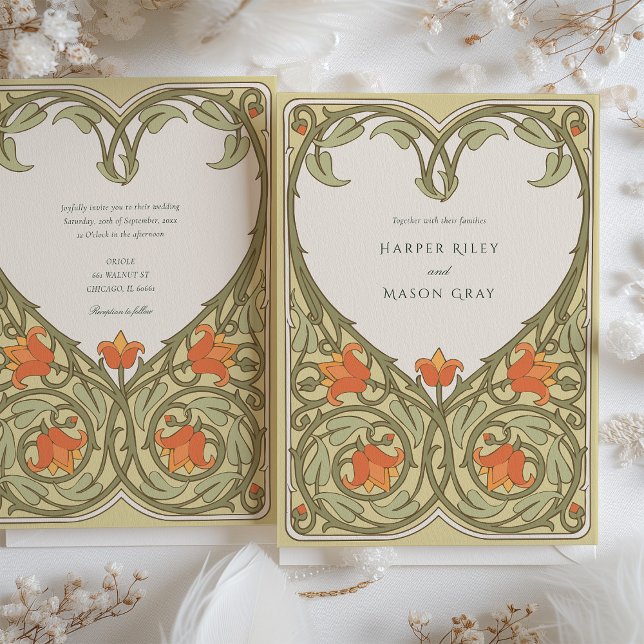 Convites Olive & Apricot Art Nouveau Inspirou Casamento (Criador carregado)