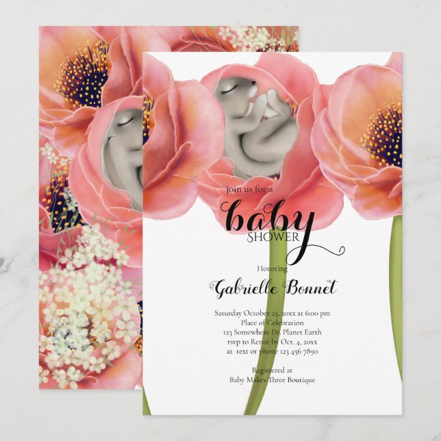 Convites Olive Baby Bunny Dormindo | Branco (Frente/Verso)