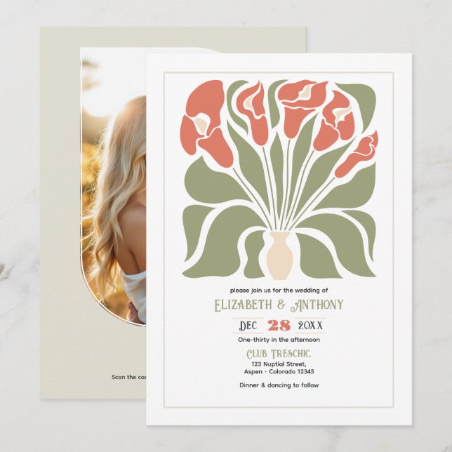 Convites Olive & Coral Clay Abstract Floral Boho Wedding (Frente/Verso)