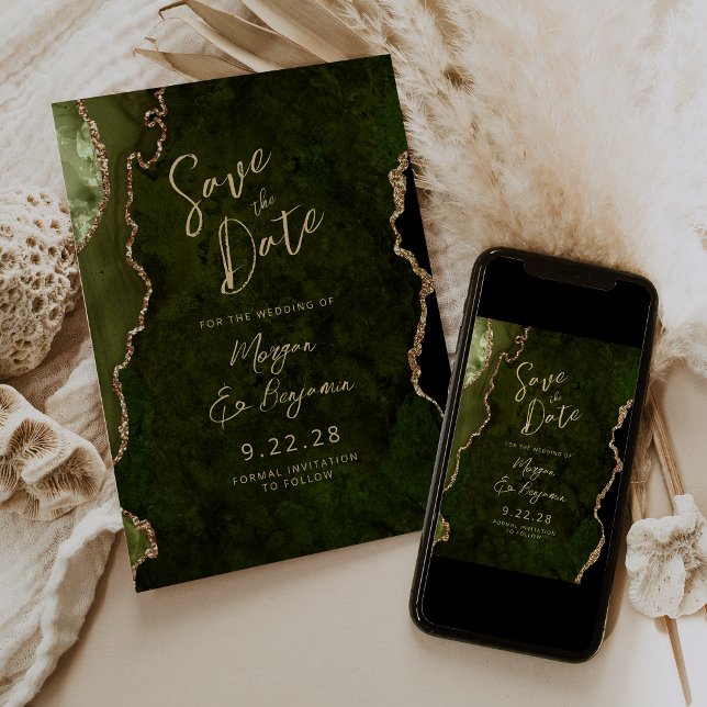 Convites Olive Green Agate Script Wedding Save the Date (Criador carregado)