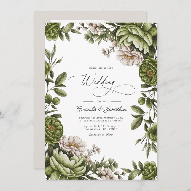 Convites Olive Green and Neutral Floral Wedding QR Code (Frente/Verso)