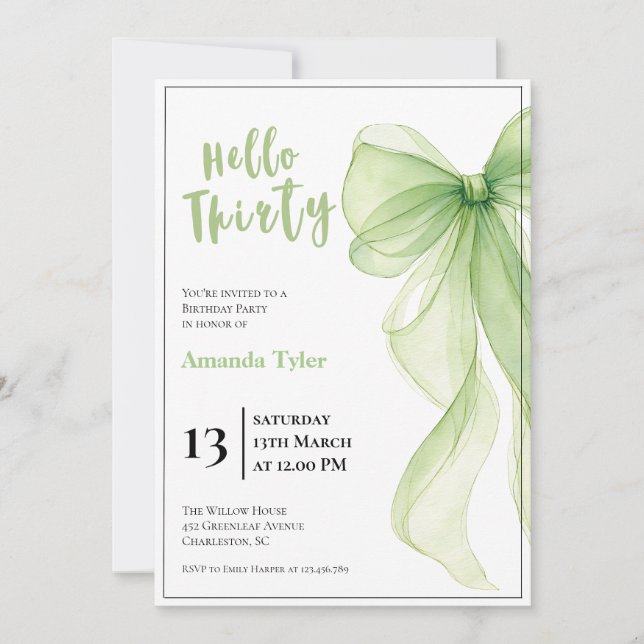 Convites Olive Green Bow 30th Birthday Invitation (Frente)