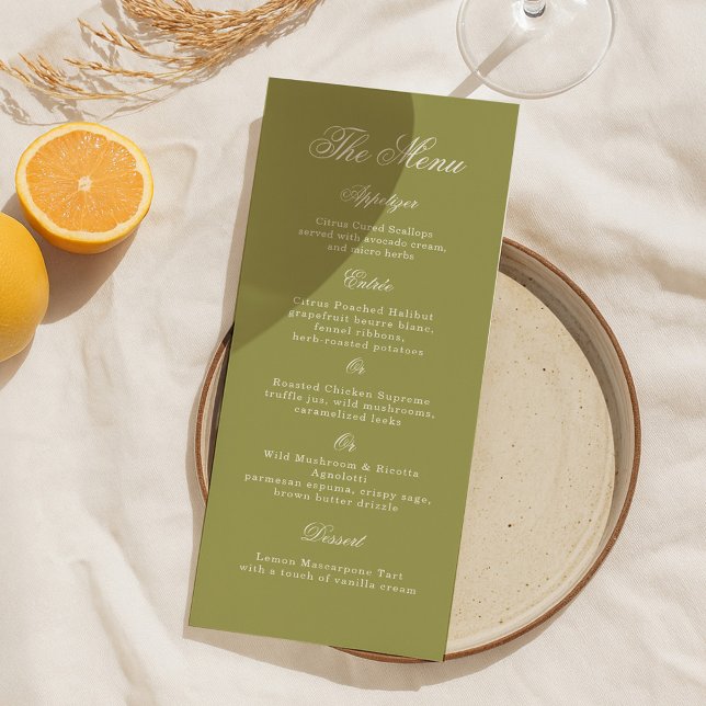Convites Olive Green Calligraphy Wedding Long Menu Card (Criador carregado)