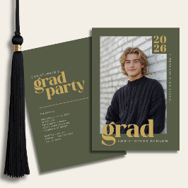 Convites Olive Green Gold Modern Photo Graduation Party