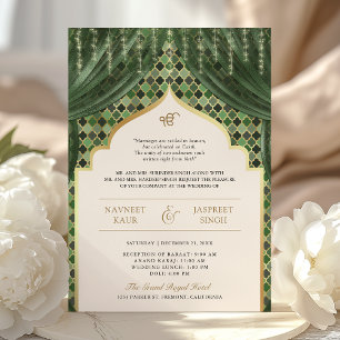 Convites Olive Green Gold Quatrefoil Código QR Casamento Si