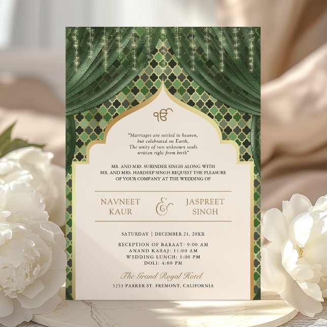 Convites Olive Green Gold Quatrefoil Código QR Casamento Si (Criador carregado)