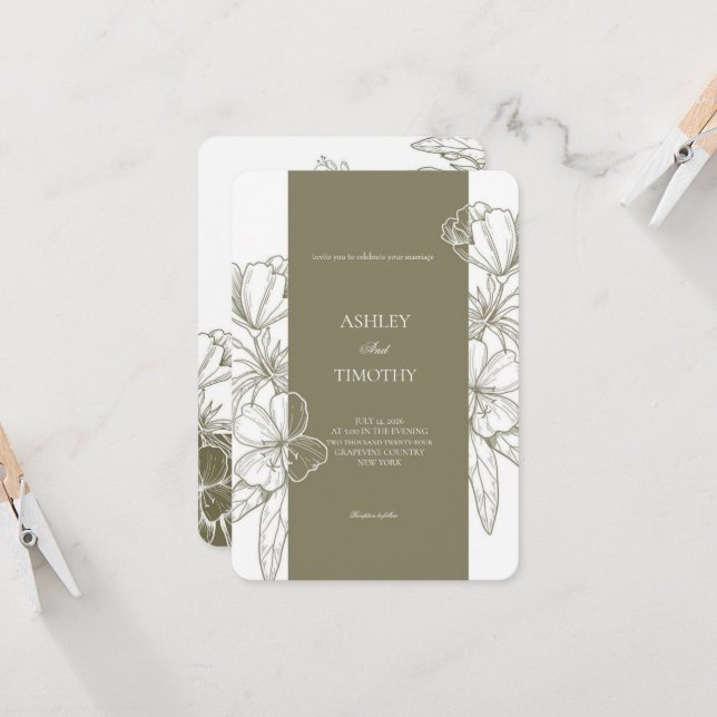 Convites Olive Green Minimalist Floral Wedding Invitation (Frente/Verso In Situ)