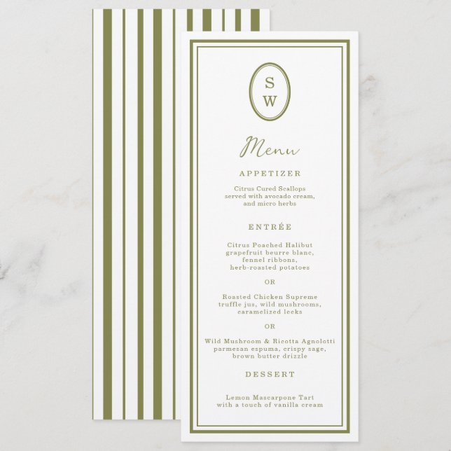 Convites Olive Green Monogram Long Wedding Menu Card (Frente/Verso)