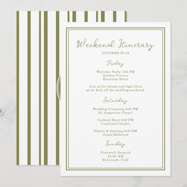 Convites Olive Green Wedding Weekend Itinerary Card (Frente/Verso)