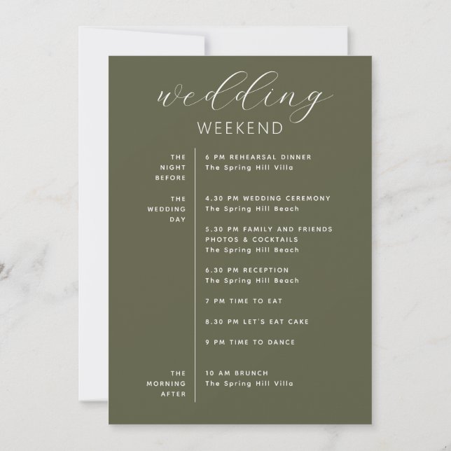 Convites Olive Green Wedding Weekend Timeline & Welcome (Verso)
