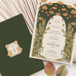 Convites Olive & Laranja Casamento Vintage Arte Nova Floral
