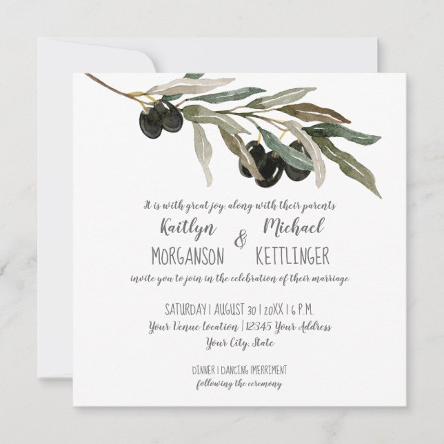 Convites Olive Leaf Folaves Branch Watercolor Casamento Ver (Frente)