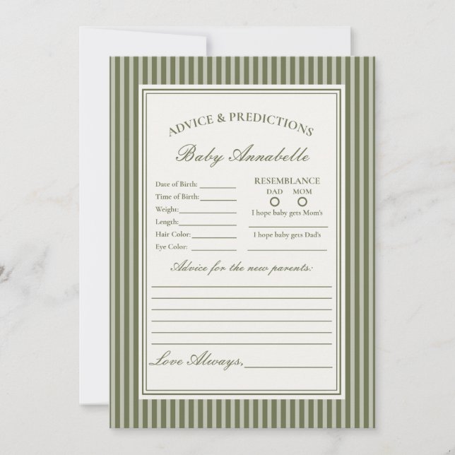 Convites Olive Martini Striped Green Advice for Baby Card (Frente)