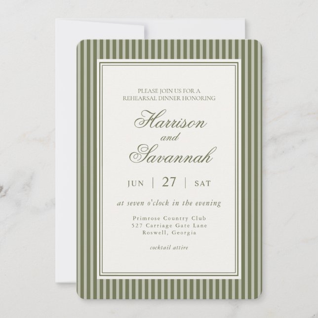 Convites Olive Martini Striped Old Money Rehearsal Dinner (Frente)