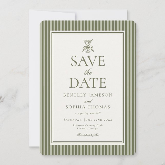 Convites Olive Martini Tini Bit Closer Stripe Save the Date (Frente)
