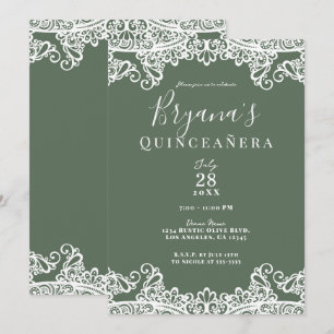 Convites Olive Rústica e Renda Branca Elegante Quinceañera