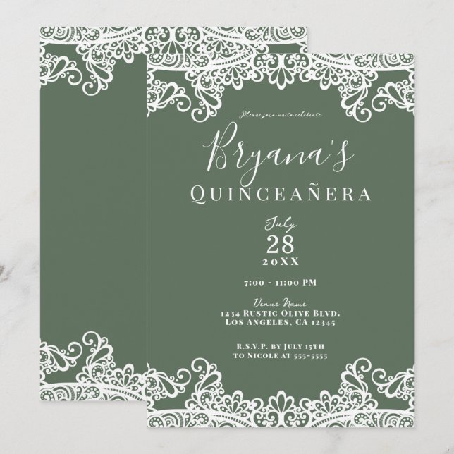 Convites Olive Rústica e Renda Branca Elegante Quinceañera (Frente/Verso)