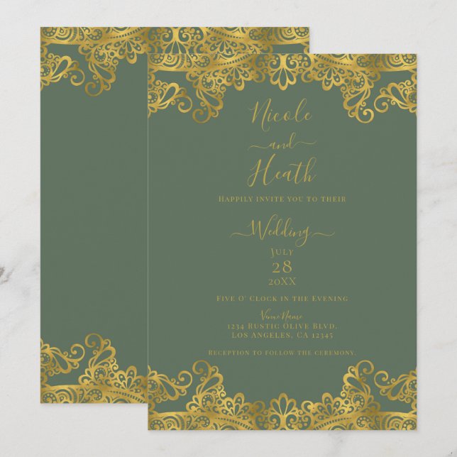 Convites Olive Rústico e Renda Dourada Casamento Elegante (Frente/Verso)
