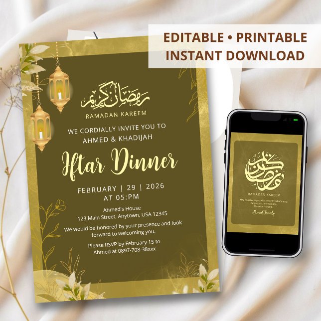 Convites Olive Verde e Dourado Botânico Ramadan Iftar  (Criador carregado)