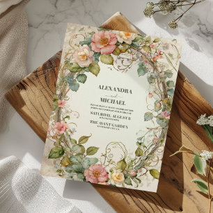Convites Olive Verde Rosa Floral Art Nouveau Casamento