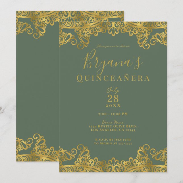 Convites Oliveira Rústica & Renda Dourada Elegante Quinceañ (Frente/Verso)
