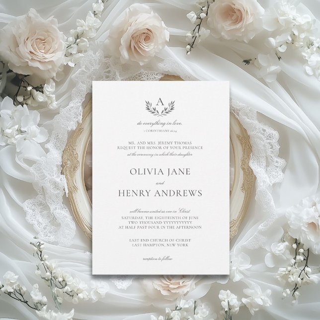 Convites Olivia Elegant Cinza Monograma Casamento Cristão (The Olivia elegant wedding invitation gives you that gorgeous, fine art wedding look for less.)