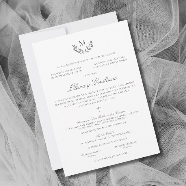 Convites Olivia Invitacion de Boda Catolica Wedding (Elegante invitación de boda católica en español en paleta de colores grises)