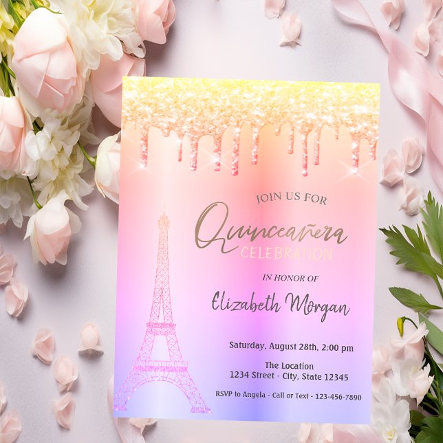 Convites Ombre Drips, Torre Eiffel Quinceañera (Criador carregado)
