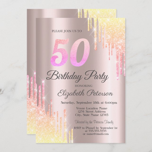 Convites Ombre Glitter Drips 50th Festa de aniversário (Frente/Verso)