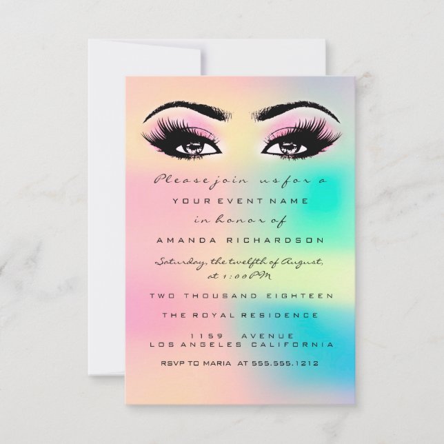 Convites Ombre Holographic Pastel Bridal Sweet 16th Eyelash (Frente)