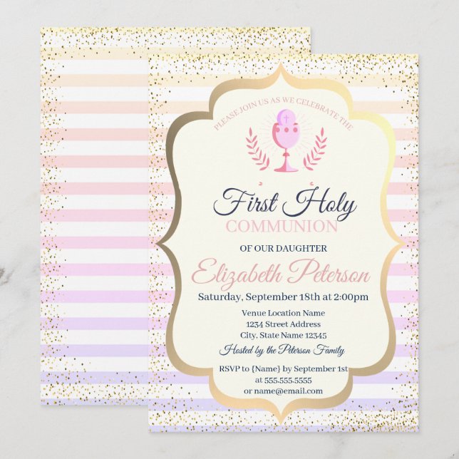 Convites Ombre Stripes Confetti Primeira Comunhão Sagrada (Frente/Verso)