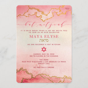 Convites Ombre Vermelho Cor de Água Elegante, Rosa, Dourad