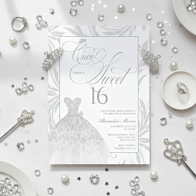 Convites Once Upon a Sweet 16 Silver Princess Birthday (Elegant Silver Princess Sweet 16 Birthday Invitation)