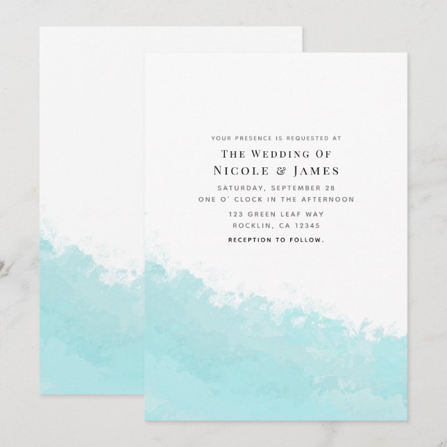 Convites Onda Azul Aqua Fresca Respingo Casamento na Praia (Frente/Verso)